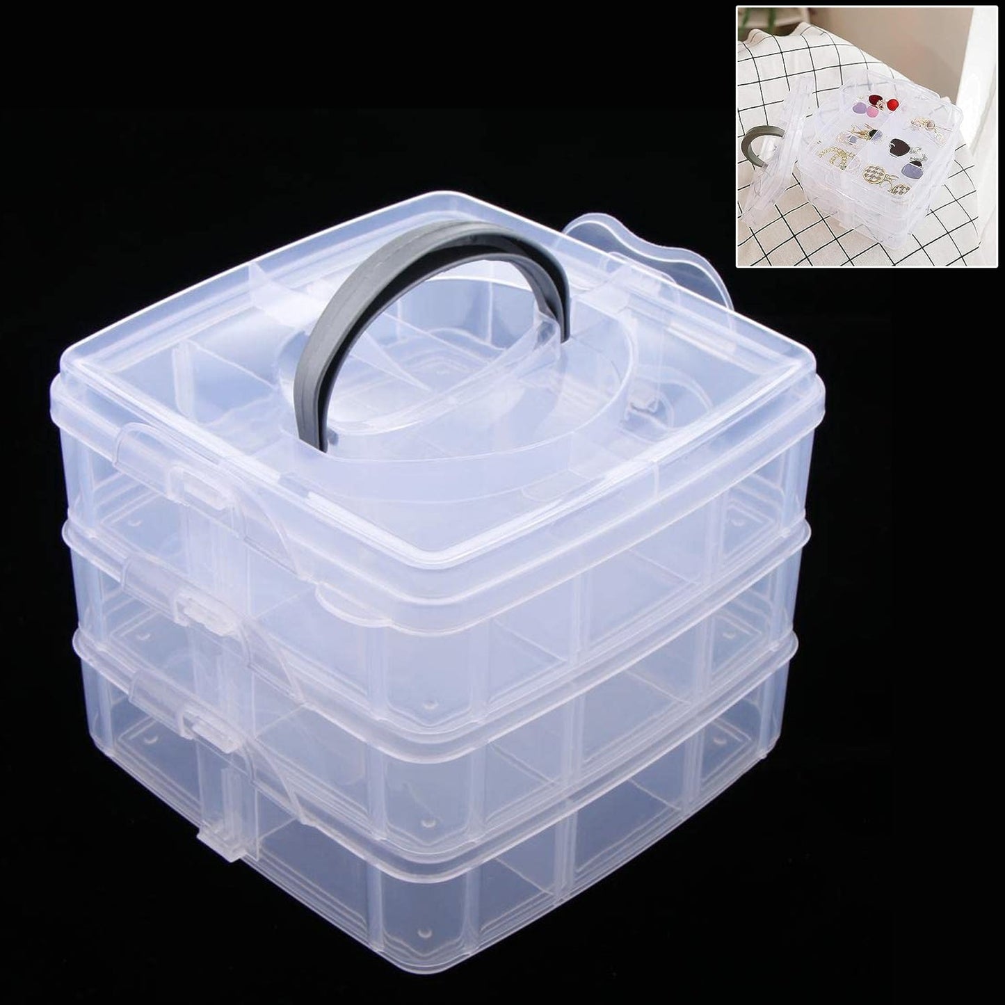 3-Tier Transparent Craft Storage Box with 18 Adjustable Compartments