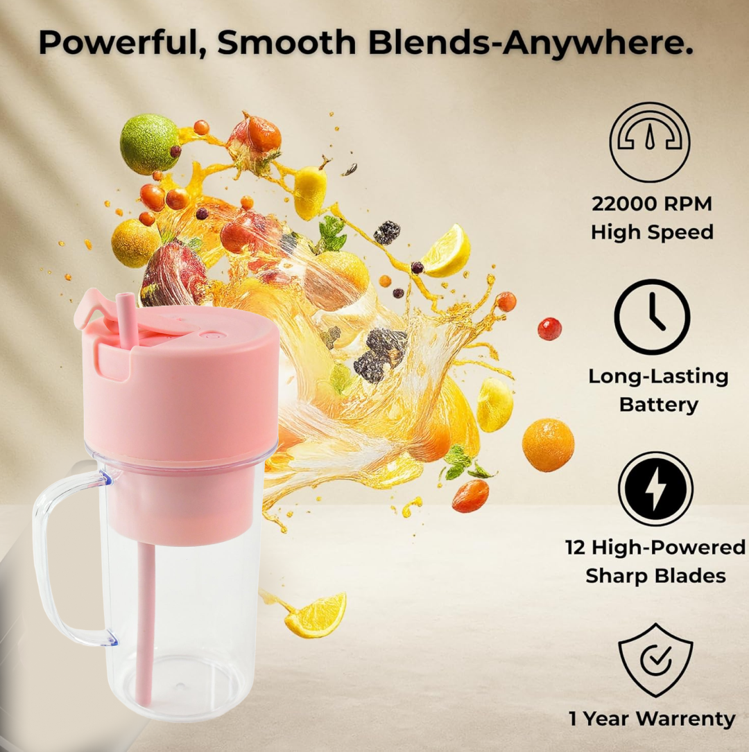 Portable Crusher Juicer With Handle & Straw, USB Rechargeable Multi Blades (420 ML)