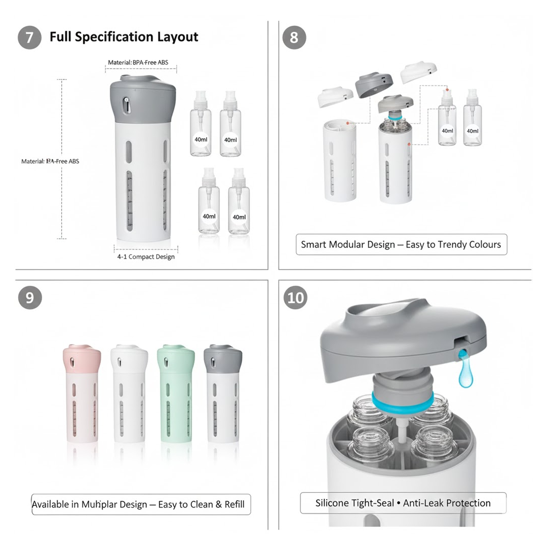 4 in 1 Travel Dispenser Bottle Set Travel Refillable Cosmetic Containers Set