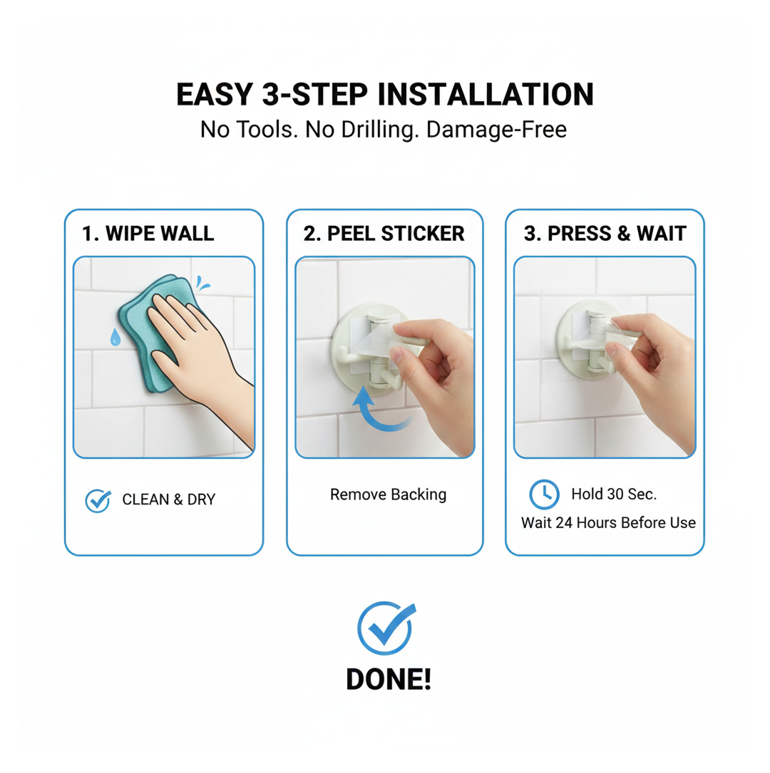 180° Rotating Punch-Free 3-Hook Sticky Hook – 1 Pc