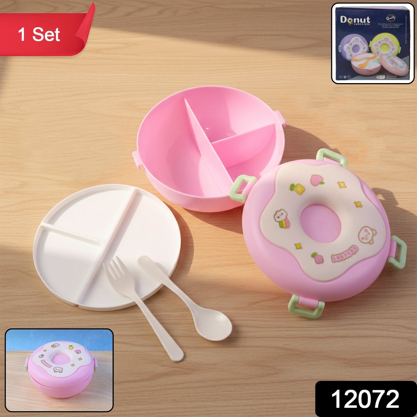 Donut Shaped Double Insulated 3 Compartment Lunch Box (1 Pc / Mix Color)